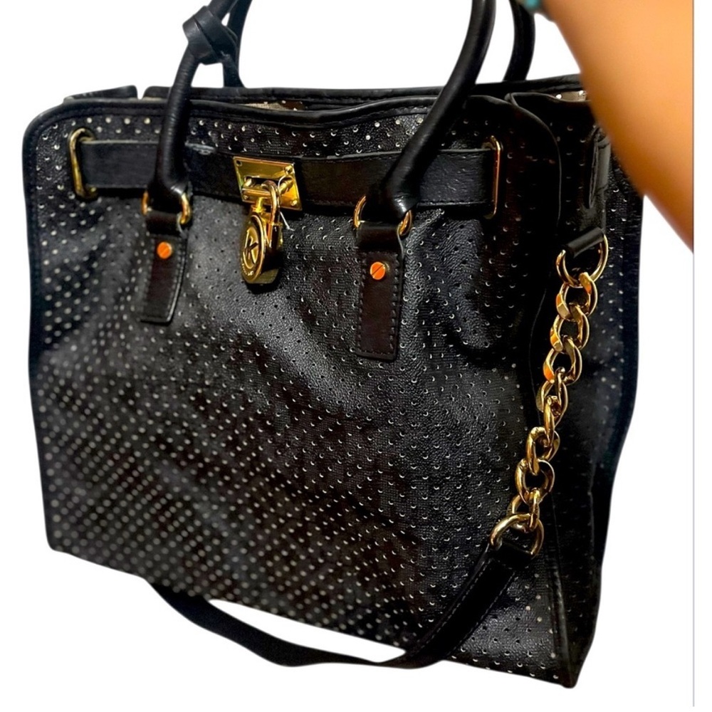 Michael Kors Black Studded Leather Tote with Gold Chain Accents